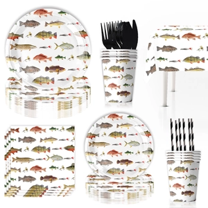 Fishing theme party tableware set with fish illustrations on plates, cups and napkins