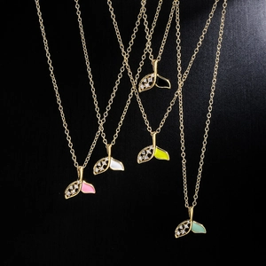 Whale Tail Pendant Necklace Copper 18K Gold Plated Cubic Zirconia Enamel Fish Tail Clavicle Chain Jewelry For Women