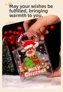 Close-up of transparent PET Christmas gift bag with festive reindeer and tree patterns