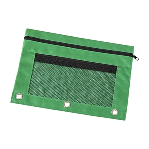 Green double zipper 3-ring pencil pouch with mesh window and large capacity for storage
