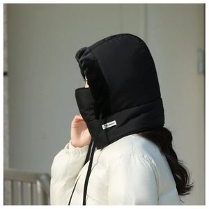 Detail shot of black windproof winter face mask showing warm plush lining and drawstrings