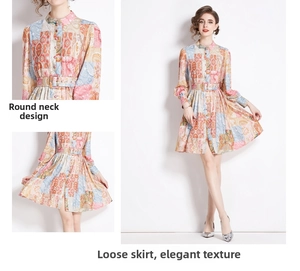 Detail of round neckline and elegant flowy hem on vintage floral printed dress