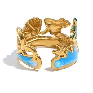 Adjustable 18K gold plated stainless steel ring with blue starfish and seashell designs