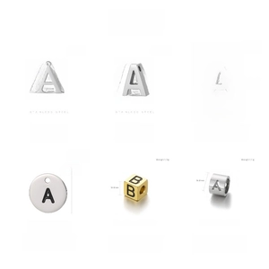 Detailed size chart for stainless steel alphabet jewelry pendants in various 3D styles