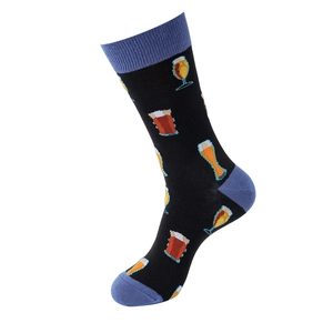 Close-up of black cotton socks with blue accents and pixelated beer mug pattern