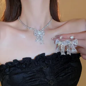 Bow Tie Necklace And Earrings Zircon Rhinestone Copper Inlaid Silver Earring Post For Party Elegant Luxury Women Jewelry