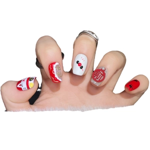 Short red handmade press-on nails with lucky cat and 3D festive Chinese character designs