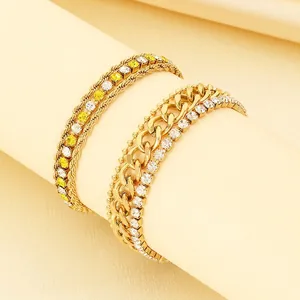 Gold Plated Stainless Steel Multi Layer Bracelet For Women Geometric Yellow White Cubic Zirconia Cuban Link Chain