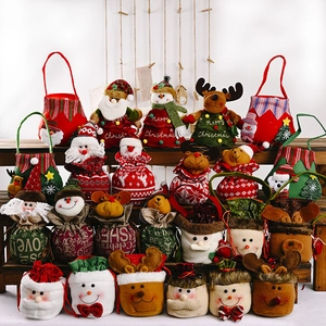 Christmas Gift Bags Linen Knit Felt Drawstring Candy Pouch With 3D Santa Snowman Reindeer For Holiday Party Favors