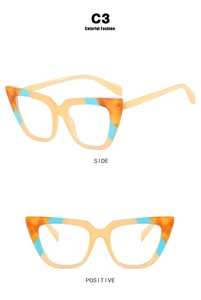Detailed side and positive views of C3 cat eye glasses frames in peach and blue