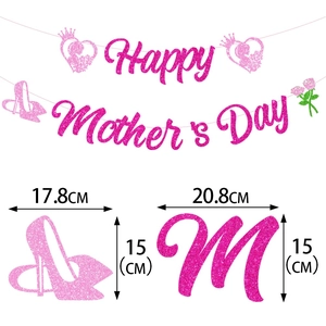 Pink glittery Mother's Day banner with size details for high heels and letter M