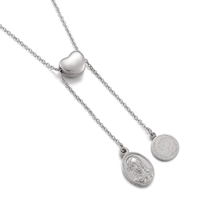Silver Y-necklace with heart slider, oval religious medal and coin portrait pendant