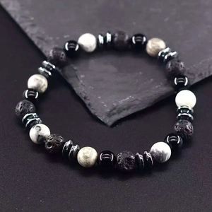 Men's 8mm natural stone beaded bracelet with lava rock, white turquoise, and symbol bead