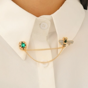 Vintage gold bee and green gemstone brooch with double chain for shirt collar accessory