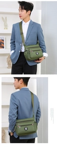 Detailed views of army green multi-pocket nylon crossbody bag with adjustable strap