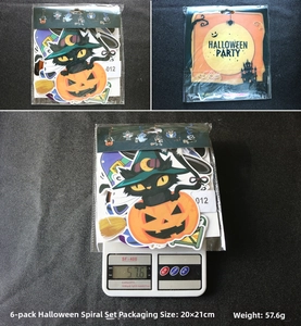 Close-up of Halloween spiral charms showing packaging, dimensions and product weight