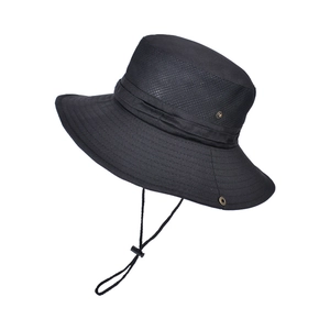 Men's outdoor fishing sun hat in black with breathable mesh and adjustable chin strap