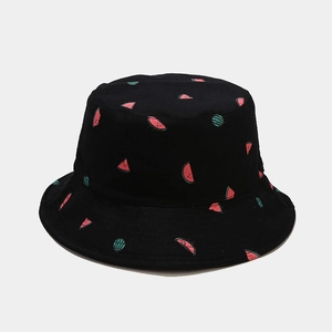 Close-up of black cotton bucket hat featuring embroidered red and green watermelon patterns