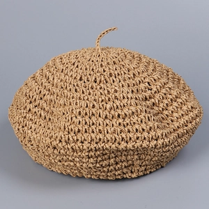 Handmade Straw Woven Beret Hat Summer Breathable Foldable Paper Straw Crochet Cap For Women Vacation Casual