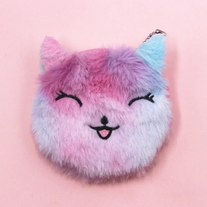 Plush unicorn cat coin purse with rainbow gradient fur and silver metal chain