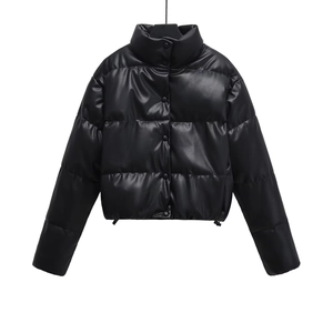 Women's black cropped faux leather puffer jacket with stand collar and button front