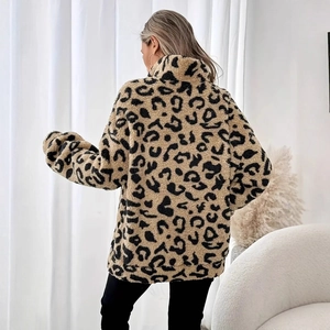 Women's leopard print faux fur jacket with stand collar and loose fit seen from behind