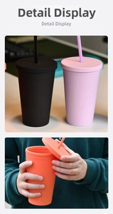 Detail display of candy-colored 16oz matte plastic tumblers with lid and straw