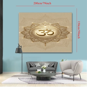 Detail view of large golden Mandala sun moon tapestry measuring 200x150cm in a living room