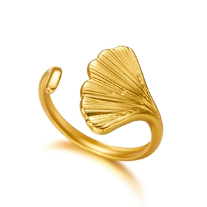 Unregelmäßiger Ginkgoblatt-Edelstahlring in Goldoptik, offen für Damen