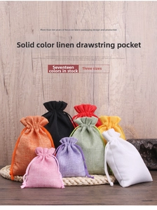 Detailed view of burlap drawstring jewelry pouches in various colors and textures