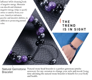 Makro-Detail von Amethyst- und Hämatit-Perlenarmband mit verstellbarem Kordelzug-Design