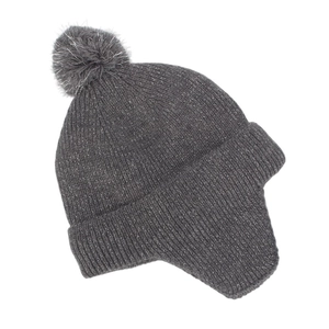 Detail of grey winter knit hat for kids with shiny metallic thread and a soft pom-pom
