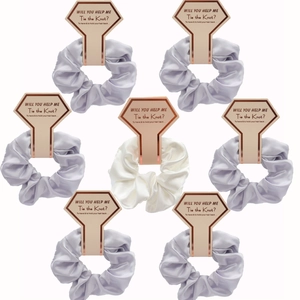 Set of 7 lavender and white satin scrunchies on diamond-shaped bridesmaid gift cards