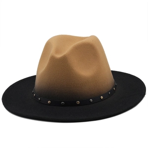 Detail of gradient brown fedora featuring a leather band with metallic studs
