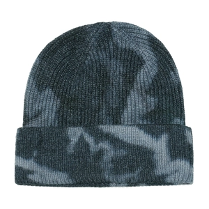 Detailed view of the thick ribbed knit texture and blue tie-dye pattern on this winter beanie