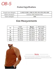 Detailed size chart for men corduroy henley shirt showing weights and measurements