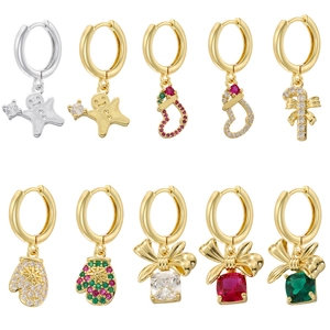 Sweet Christmas Brass Hoop Earrings For Women Gold Silver Plated Zirconia Gingerbread Man Sock Candy Cane Glove Gift Bag Festive Jewelry