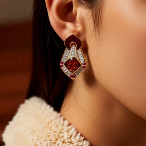 Vintage gold-plated earrings with large red diamond-shaped gem and white crystals for women