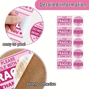 100pcs pink fragile warning labels with strong adhesive and handle with care text