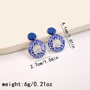 Detailed view showing dimensions of blue porcelain style geometric drop earrings