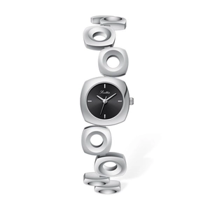 Elegant women's silver watch with irregular hollow chain strap and black minimalist dial