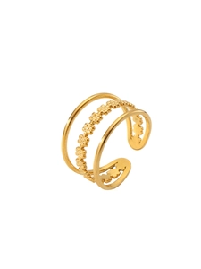 Detailed macro view of triple-layered gold-plated ring with floral relief motifs