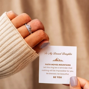 Silver mountain ring with zircon inlay and inspirational gift card for daughters