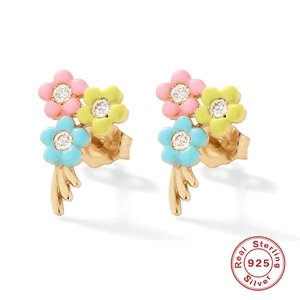 Colorful S925 sterling silver flower stud earrings with enamel petals and shiny cubic zirconia
