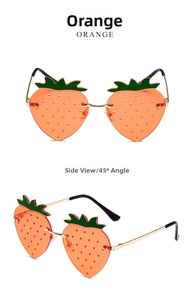 Detailed front and side views of orange strawberry-shaped rimless party sunglasses