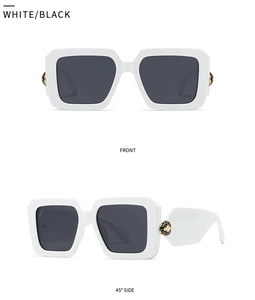 Detailed front and side views of white thick-frame baroque sunglasses with gold snake motif