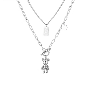 Silver double layer necklace with paperclip chain, bear pendant and OT buckle design