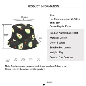 Chapeau bob réversible en coton imprimé avocat avec guide des tailles pour le soleil