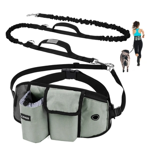 Detail of running waist bag with houndstooth pattern and elastic leash for pet walking