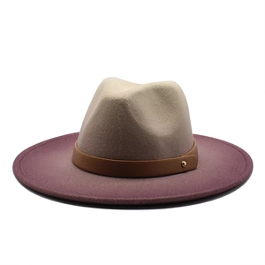 British style wool fedora hat with gradient two-tone brim and brown leather band detail